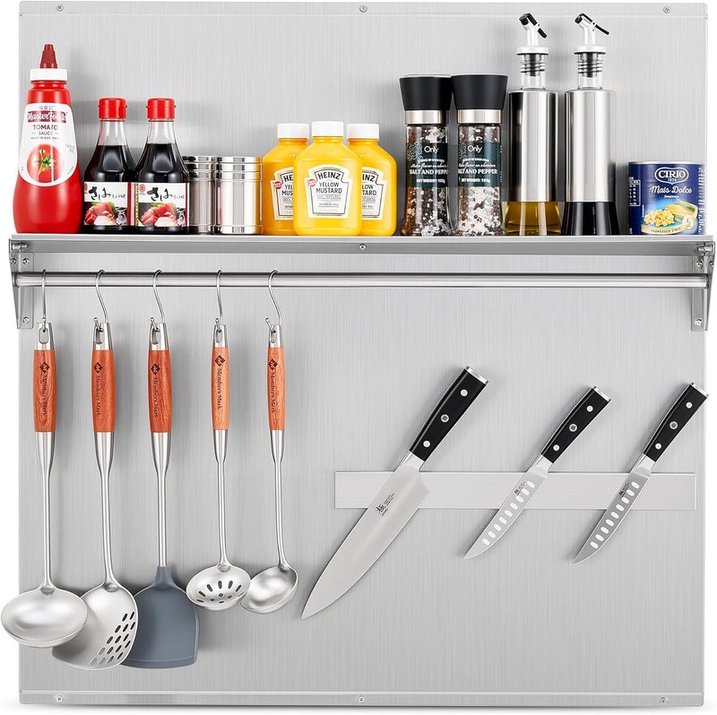Wilprep Store Range Backsplash, 30"x30" Stainless Steel Backsplash with Storage Shelf & Magnetic Knife Rack, Range Hood Stainless Steel Backsplash for Stove, Range Hood Wall Shield with Pre-Drilled Holes - Image 1